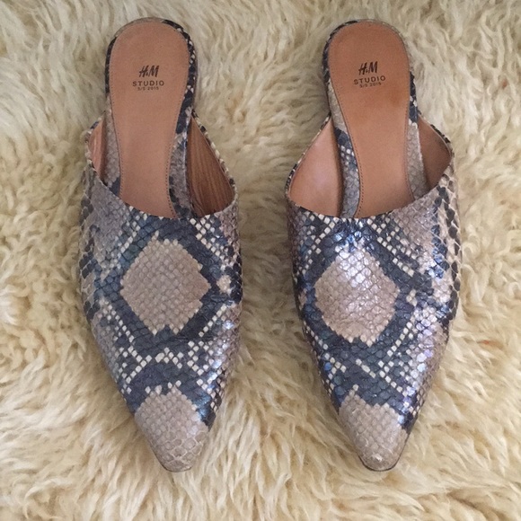 flat snakeskin mules